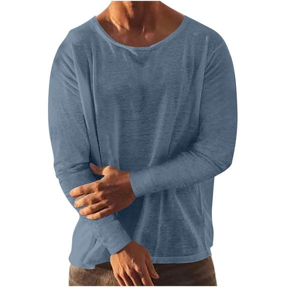 Mens Long Sleeve Linen Shirts Casual Regular-Fit Crew Neck T-Shirt Fall Lightweight Beach Tee Tops