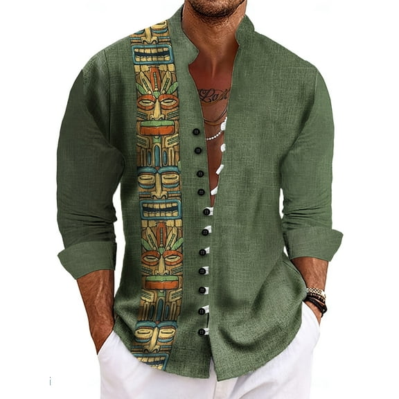 Mens Long Sleeve Linen Shirts V Neck Button Up Sweatshirts Big and Tall Casual Pullover Hippie Shirts Green 3XL