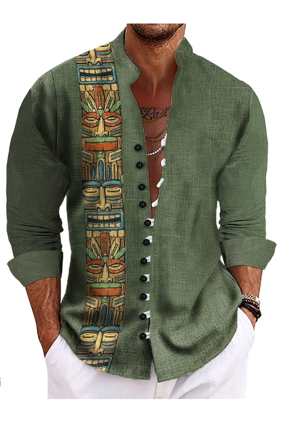 Mens Long Sleeve Linen Shirts V Neck Button Up Sweatshirts Big and Tall Casual Pullover Hippie Shirts Green M
