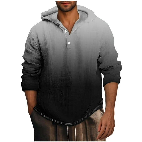 Mens Long Sleeve,Long Sleeve Blouse,Men Casual Fashion Button Gradation Print Pullover Long Sleeve Hooded