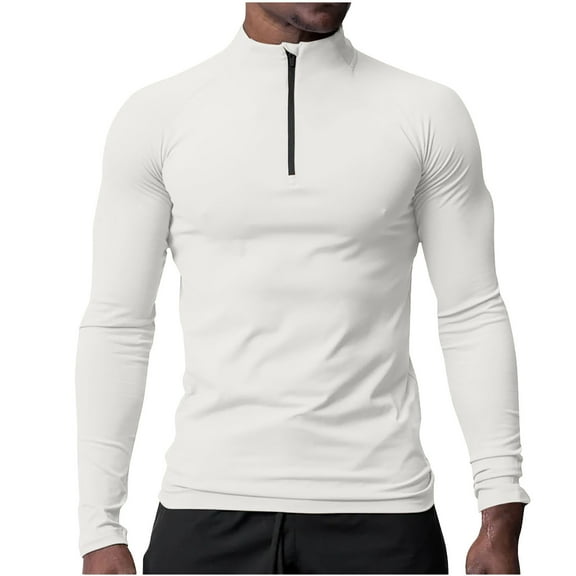 Mens Long Sleeve Muscle T Shirts 1/4 Zipper Fitness Raglan Shirts Stand Collar Stretchy Tight Tops White, XS