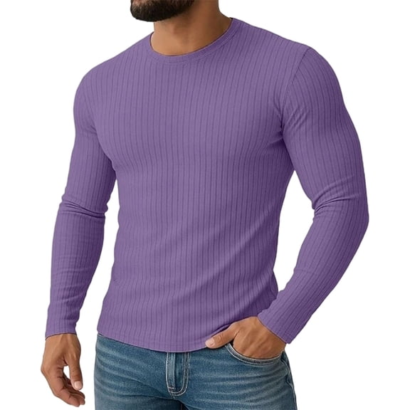 Mens Long Sleeve Muscle T Shirts Casual Crewneck Knitted Longline Textured Tee Shirts for Gym Workout,Purple M