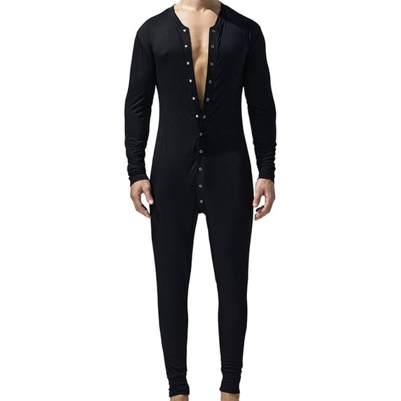 Mens Long Sleeve Onesie Henley Jumpsuit One Piece Pajamas thermal Full Button Union Suit Stretchy Cotton One Piece Garment with Button Flap Size 2XL Black
