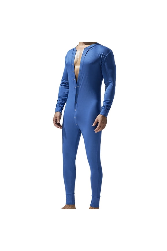 Mens Long Sleeve Onesie Henley Jumpsuit One Piece Pajamas thermal Full Button Union Suit Stretchy Cotton One Piece Garment with Button Flap Size 2XL Blue