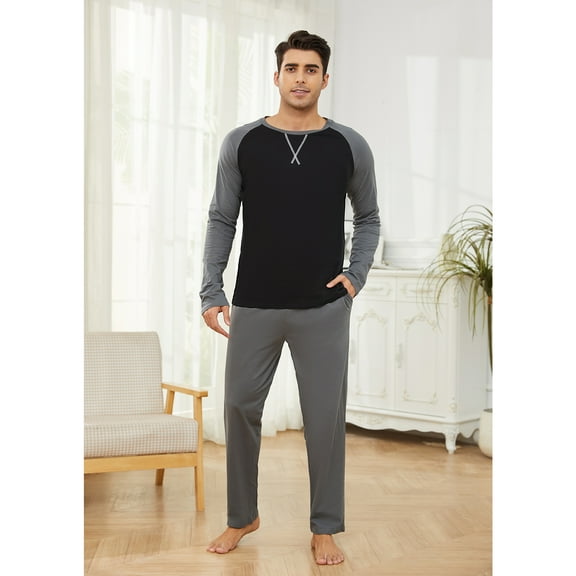 Mens Long Sleeve Pajama Set Men's Cotton Pajamas 2 Pieces Mens Warm Pajamas Set Long Sleeve and Pants Loungewear Set for Men, L-XXL