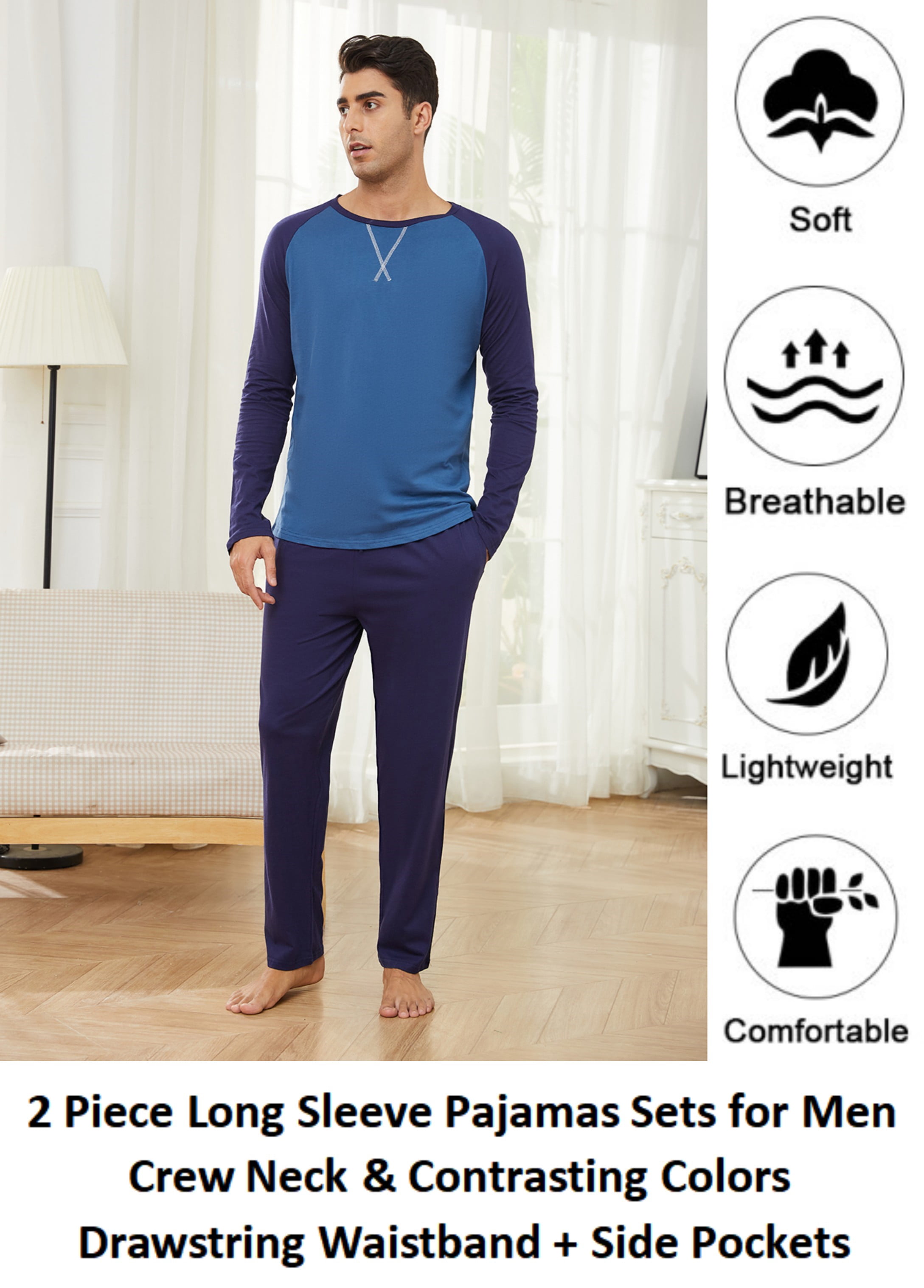 Mens Long Sleeve Pajama Set Men's Cotton Pajamas 2 Pieces Mens Warm Pajamas Set Long Sleeve and Pants Loungewear Set for Men, L-XXL