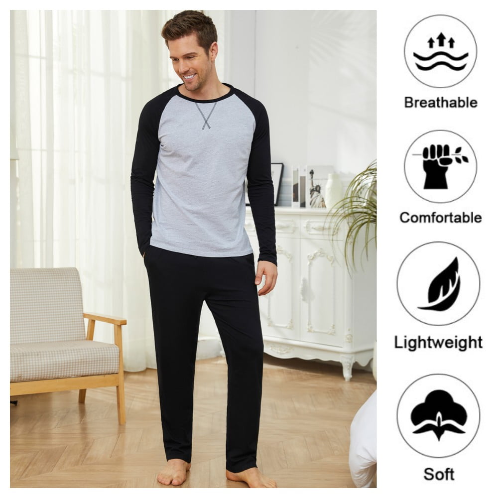 Mens Long Sleeve Pajama Set Men's Cotton Pajamas 2 Pieces Mens Warm