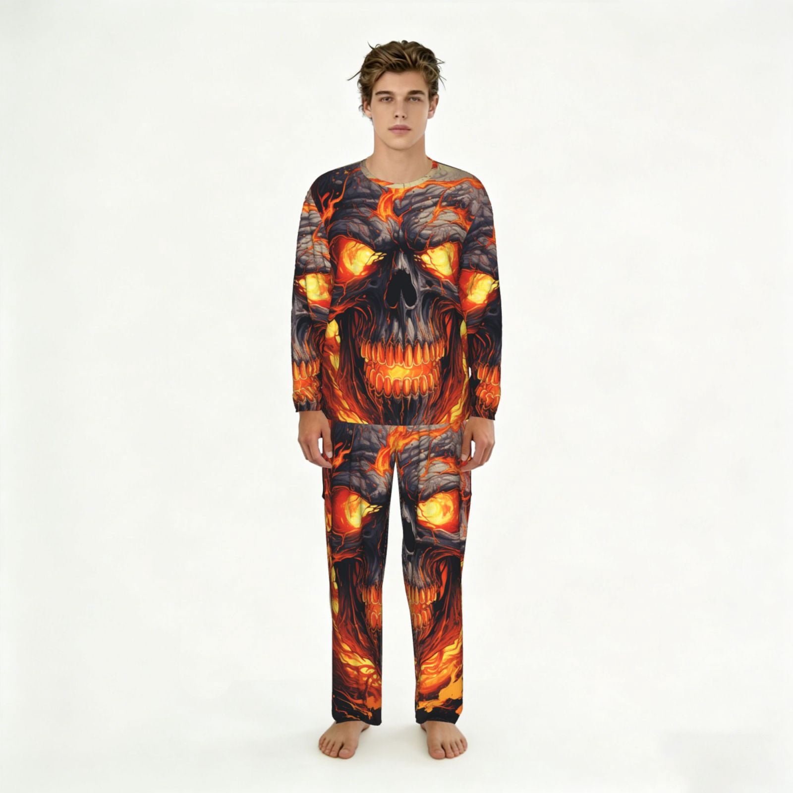Mens Long Sleeve Pajamas Round Neck Pjs Set Soft Loungewear with ...