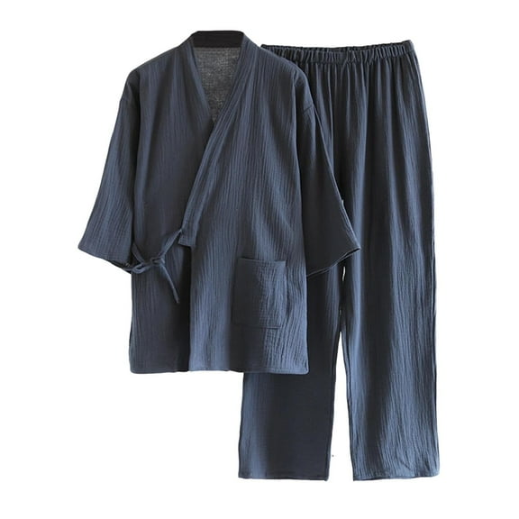 Mens Long Sleeve Pajamas Two Piece Pajama Set Tie Side Kimono Shirts Pants Cotton Comfort Pjs Sleepwear Dark Gray, 2XL