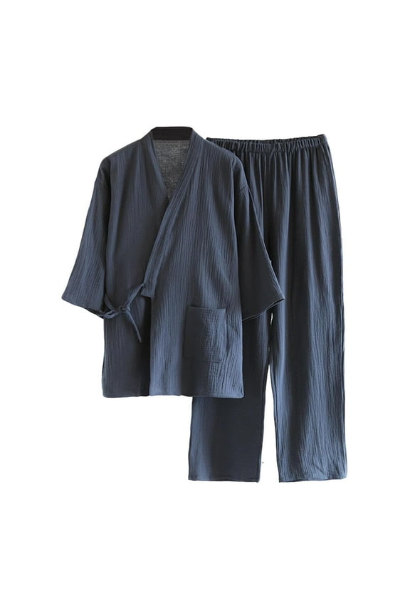 Mens Long Sleeve Pajamas Two Piece Pajama Set Tie Side Kimono Shirts Pants Cotton Comfort Pjs Sleepwear Dark Gray, M