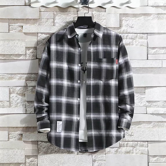 Mens Long Sleeve Plaid Button Down Shirts Soft Flannel Shirt Turn Down Collar Tops Spring Fall Black M