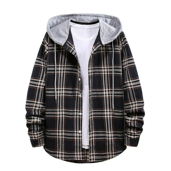 Mens Long Sleeve Plaid Lightweight Hooded Casual Button Down Fall Shacket Outwear Jacket