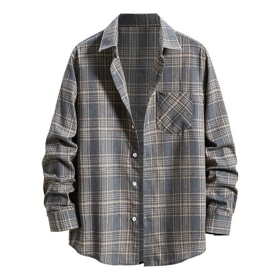 Mens Long Sleeve Plaid Printed Shirts Lapel Button Blouse with Pockets Trendy Casual Tops
