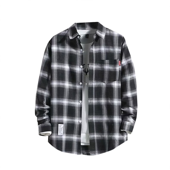 Mens Long Sleeve Plaid Shirts Button Down Flannel Shirt Spring Fall Casual Black M