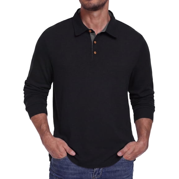 JWD Mens Long Sleeve Polo Shirt Classic Collared Button Pullover Casual Regular Fit Soft Lightweight Knit Top Black L