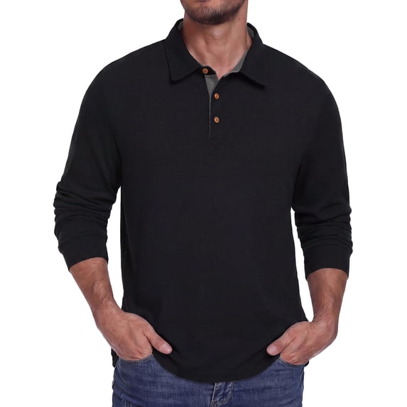 JWD Mens Long Sleeve Polo Shirt Classic Collared Button Pullover Casual Regular Fit Soft Lightweight Knit Top Black S