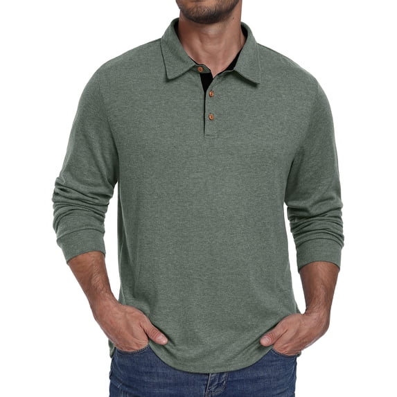 JWD Mens Long Sleeve Polo Shirt Classic Collared Button Pullover Casual Regular Fit Soft Lightweight Knit Top Green 2XL