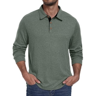 JWD Mens Long Sleeve Polo Shirt Classic Collared Button Pullover Casual Regular Fit Soft Lightweight Knit Top Green L