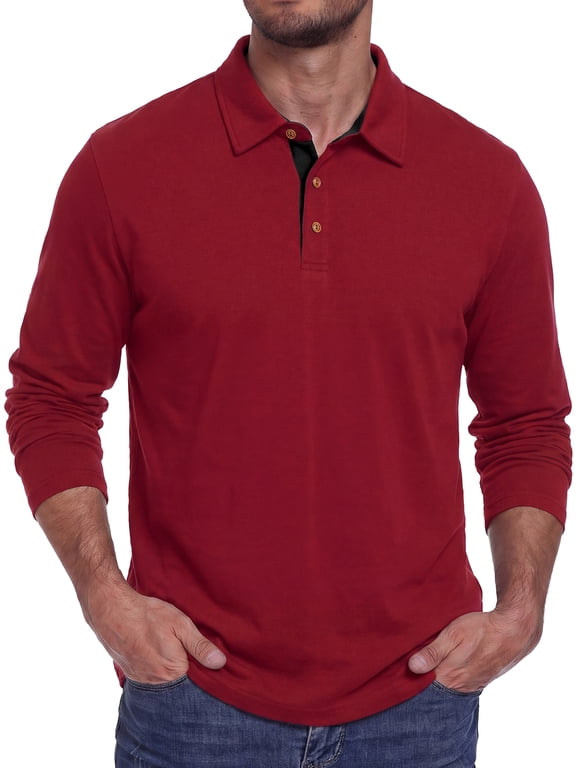 Mens Long Sleeve Polo Shirt Classic Collared Button Pullover Casual Regular Fit Soft Lightweight Knit Top Wine Red L