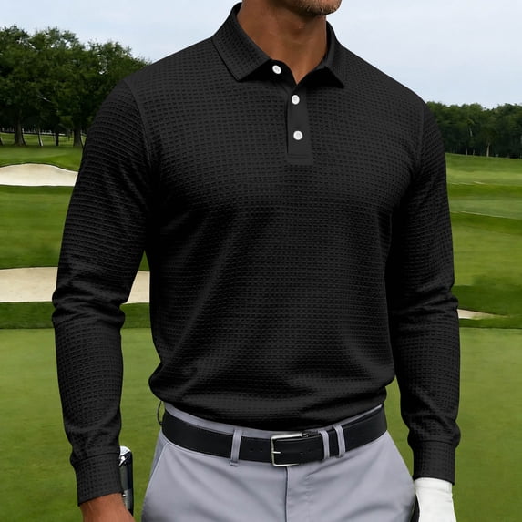 Mens Long Sleeve Polo Shirt Waffle Knit Solid Color Golf Casual Top Breathable Stretch Fit Performance Out Sportswear for Active Use Black XL