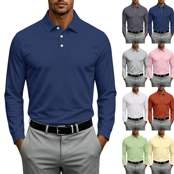 Mens Long Sleeve Polo Shirts Business Casual Dry Fit Golf Shirts Lightweight Breathable Tennis Shirt Basic Tee Navy 2XL