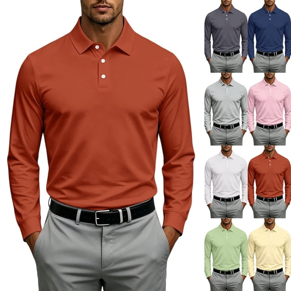 Mens Long Sleeve Polo Shirts Business Casual Dry Fit Golf Shirts Lightweight Breathable Tennis Shirt Basic Tee Saffron 4XL