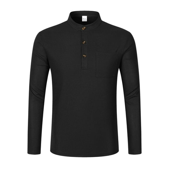 Mens Long Sleeve Polo Shirts Button Up Solid Color Casual Work Wear Polos Fall Winter Cotton Tops (Black, Size M)