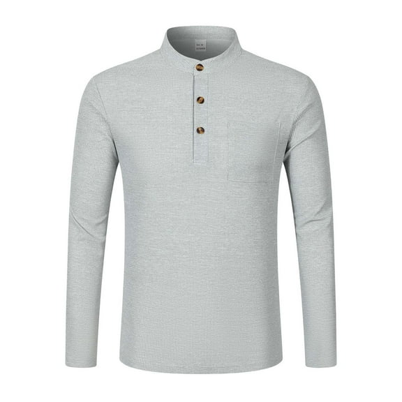 Mens Long Sleeve Polo Shirts Button Up Solid Color Casual Work Wear Polos Fall Winter Cotton Tops (Grey, Size M)