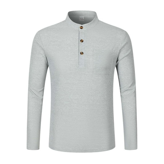 Mens Long Sleeve Polo Shirts Button Up Solid Color Casual Work Wear Polos Fall Winter Cotton Tops (Grey, Size XXXL)