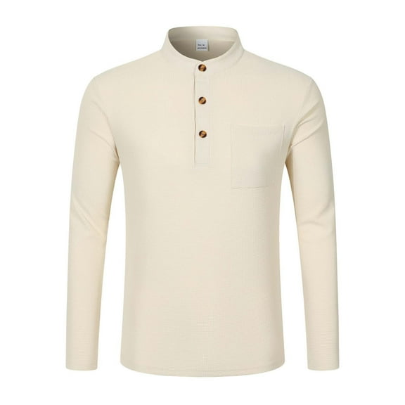 Mens Long Sleeve Polo Shirts Button Up Solid Color Casual Work Wear Polos Fall Winter Cotton Tops (Khaki, Size M)