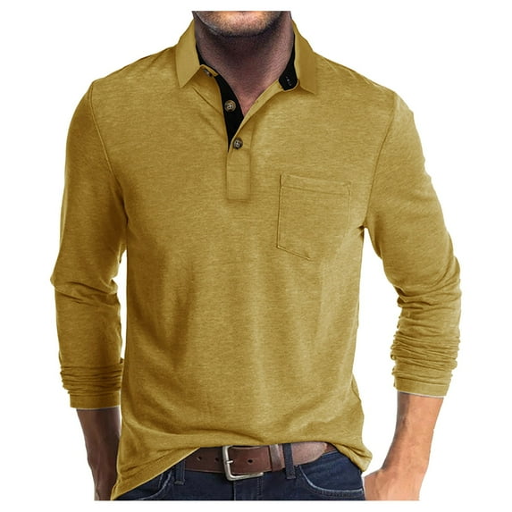 Mens Long Sleeve Polo Shirts Casual Button Collared Golf Shirt with Pocket Classic Fit Sports Workout Pullover Tops