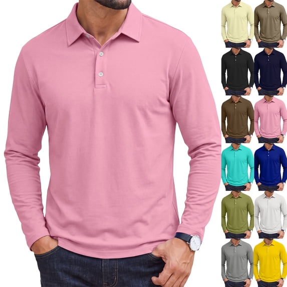 Mens Long Sleeve Polo Shirts Casual Cotton Polo Tee Lightweight Golf T Shirt Collared Shirt Pink L