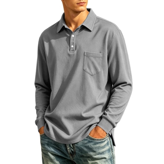Mens Long Sleeve Polo Shirts Casual Polo Tshirt Button Work Pullover Shirt Regular Fit Polo Tee with Pocket with Pocket