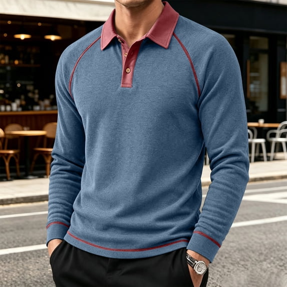 Mens Long Sleeve Polo Shirts Fashion Casual Raglan Button Polo Tee Collared Golf Shirt 2XL