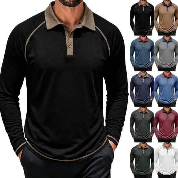 Mens Long Sleeve Polo Shirts Fashion Casual Raglan Button Polo Tee Collared Golf Shirt Black XXL