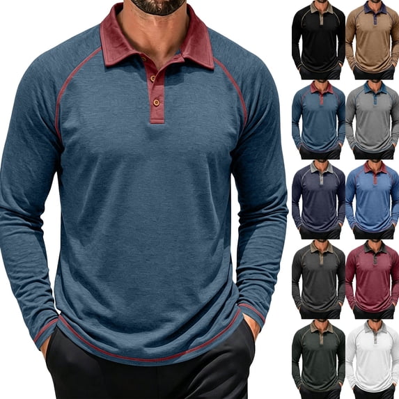 Mens Long Sleeve Polo Shirts Fashion Casual Raglan Button Polo Tee Collared Golf Shirt Blue M