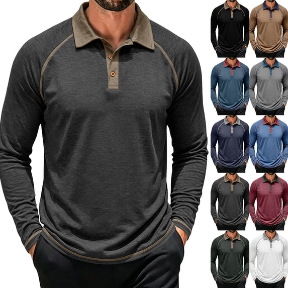 Mens Long Sleeve Polo Shirts Fashion Casual Raglan Button Polo Tee Collared Golf Shirt Dark Gray XXL