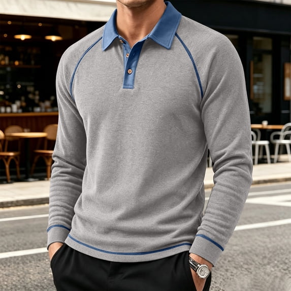 Mens Long Sleeve Polo Shirts Fashion Casual Raglan Button Polo Tee Collared Golf Shirt, L