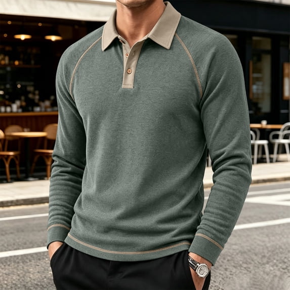 Mens Long Sleeve Polo Shirts Fashion Casual Raglan Button Polo Tee Collared Golf Shirt, S