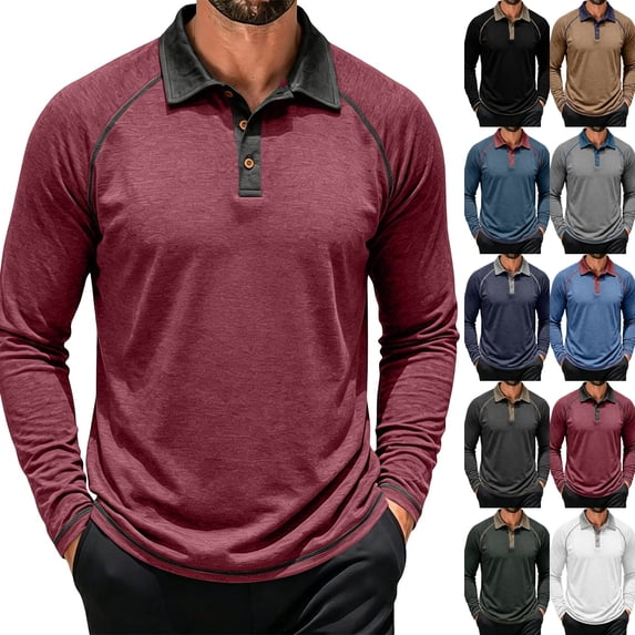 Mens Long Sleeve Polo Shirts Fashion Casual Raglan Button Polo Tee Collared Golf Shirt Wine S