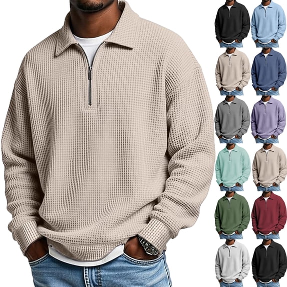 Mens Long Sleeve Polo Shirts Waffle Golf Quarter Zip Pullover Big and Tall Collared T Shirt Textured Knit Tops Gray 4XL