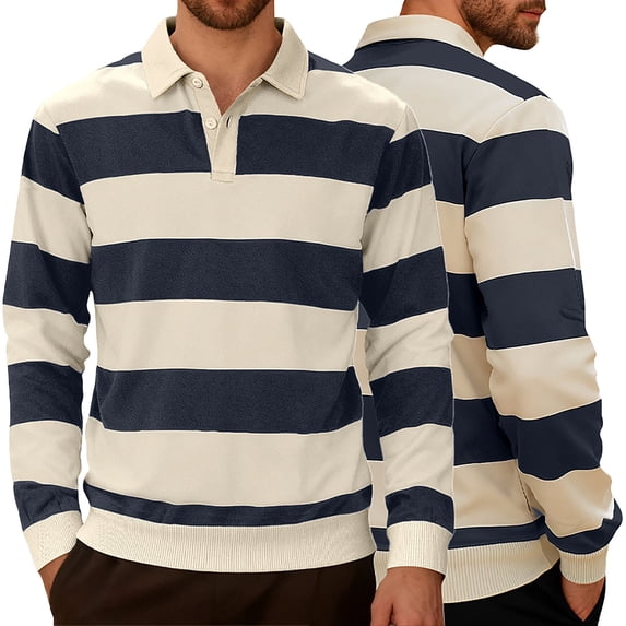 Mens Long Sleeve Polo Striped Shirt, Lightweight Color Block Rugby Shirt Knit Pullover, Fashion Casual Fall Outfits Navy