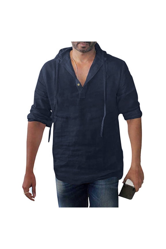 Mens Long Sleeve Pullover Hoodie Linen Henley Shirts Casual Hippie Lightweight Long Sleeve T Shirts Top,Loose V Neck Cotton Linen Hooded Shirts Tops