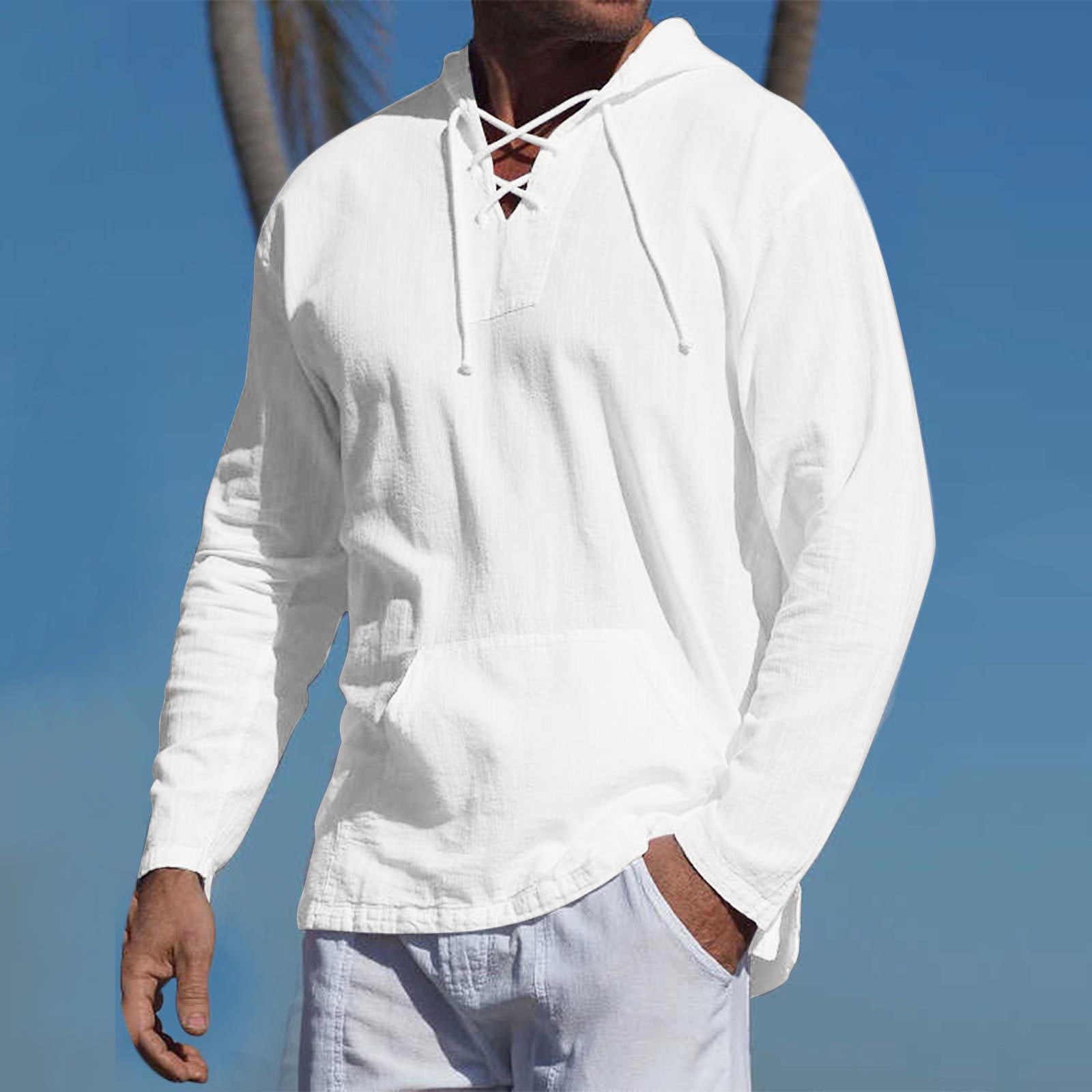 Mens Long Sleeve Pullover Hoodie Linen Henley Shirts Lace Up