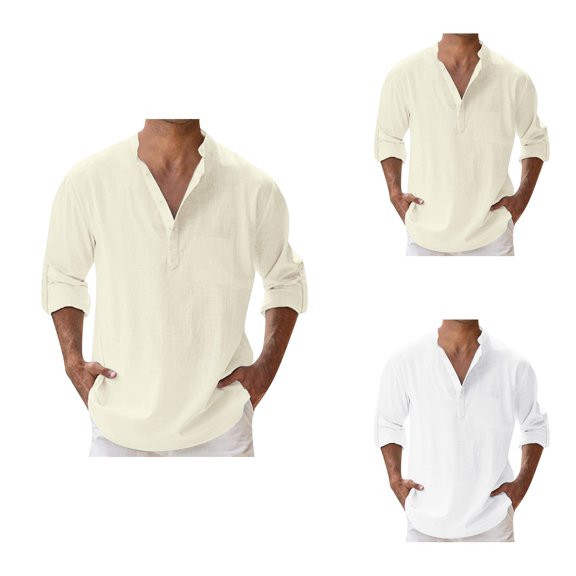 Mens Long Sleeve Pullover Shirt, Loose Fit Stand Collar with Chest Pocket, Solid Color Casual Shirt for Spring and Summer