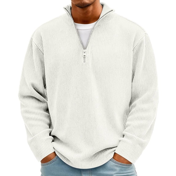 Quarter Zip Pullover Men Corduroy Sweatshirt Long Sleeve Stand Collar Golf Polo Shirt Lightweight Textured Sweater Top for Outdoor Wear