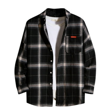Mens Long Sleeve Red Plaid Flannel Shirts Casual Button Down Regular Fit Cardigan Jacket Overcoat with Front Pockets Black Jacket Coat Men Size Large