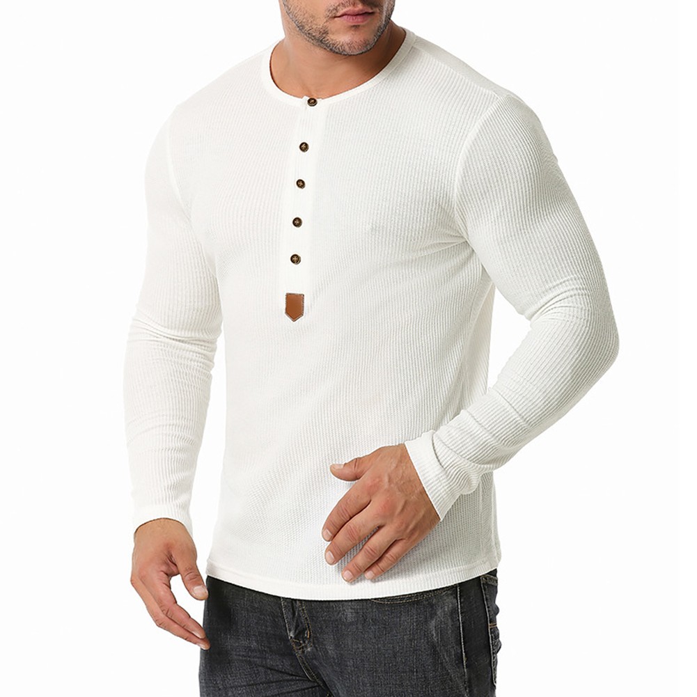 Mens Long Sleeve Ribbed Henley Shirts Tops Button Pullover Undershirt T Shirt