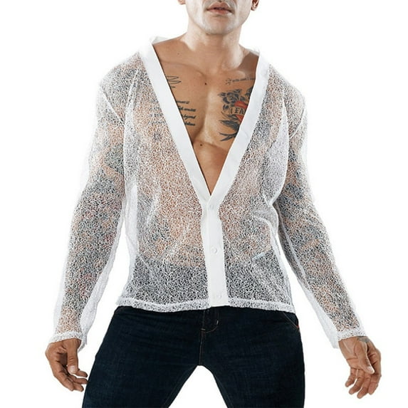 Mens Long Sleeve See Through Mesh Sheer T Shirts Hippy Party Clubwear Tee Tops
