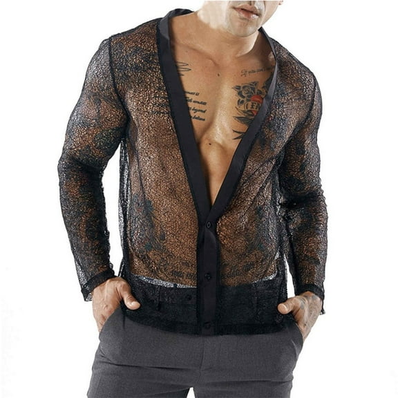 Mens Long Sleeve See Through Mesh Sheer T Shirts Hippy Party Clubwear Tee Tops